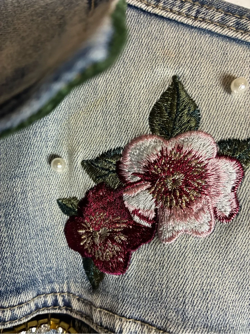 Light Wash Embroidered Floral Denim short sleeved Jacket